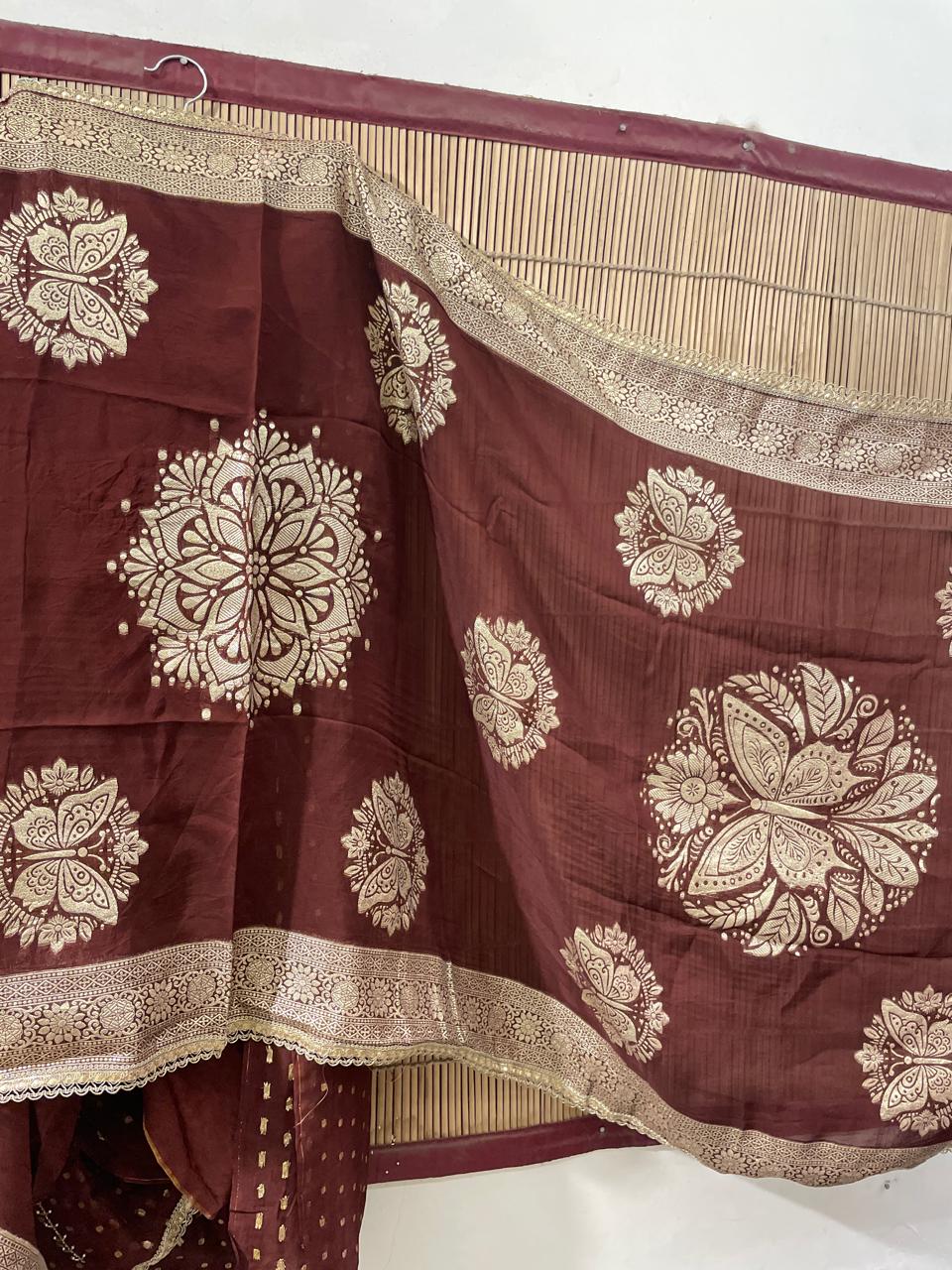 Brown Silk Georgette Embroidered Suit Set