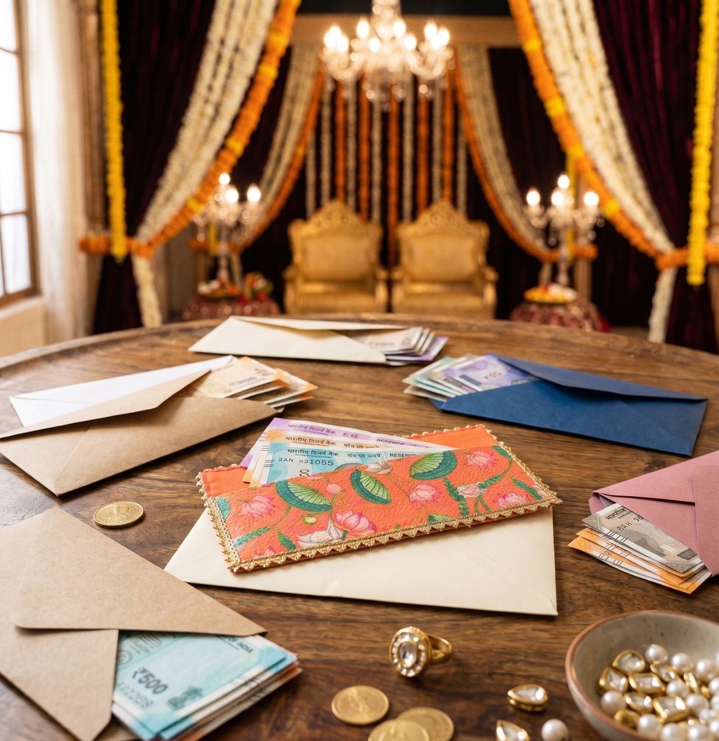 Tara N Tripti Designs - TNT Pichwai Floral Print Clutch Wallet or Cash Envelope, Multicolour, Fabric, Foldover Style, Festive Ethnic Accessory, Designer Shagun Envelope, Pack of 5