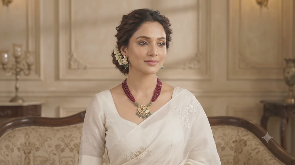 Dhaani Elegant Ruby & Green Beaded Necklace Set | Long kundan necklace