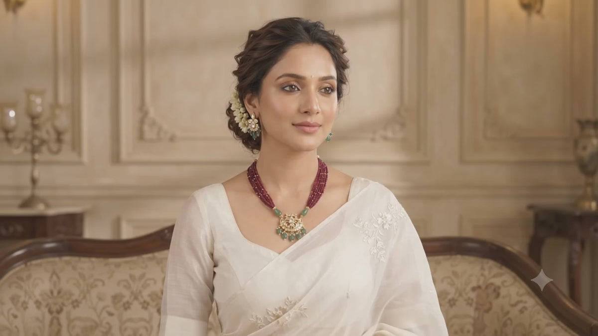 Dhaani Elegant Ruby & Green Beaded Necklace Set | Long kundan necklace